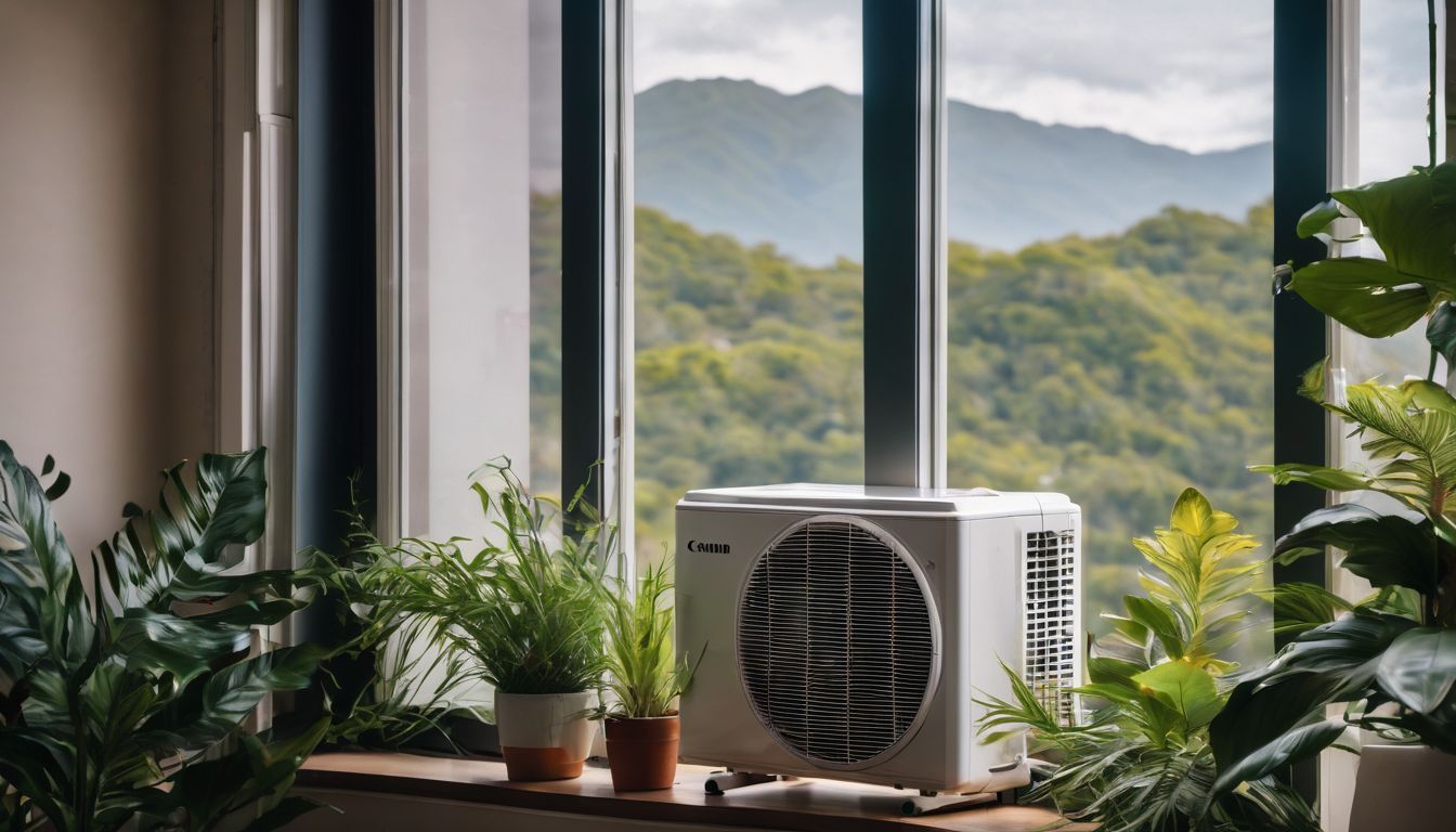 Portable air conditioner by window with mountain view.